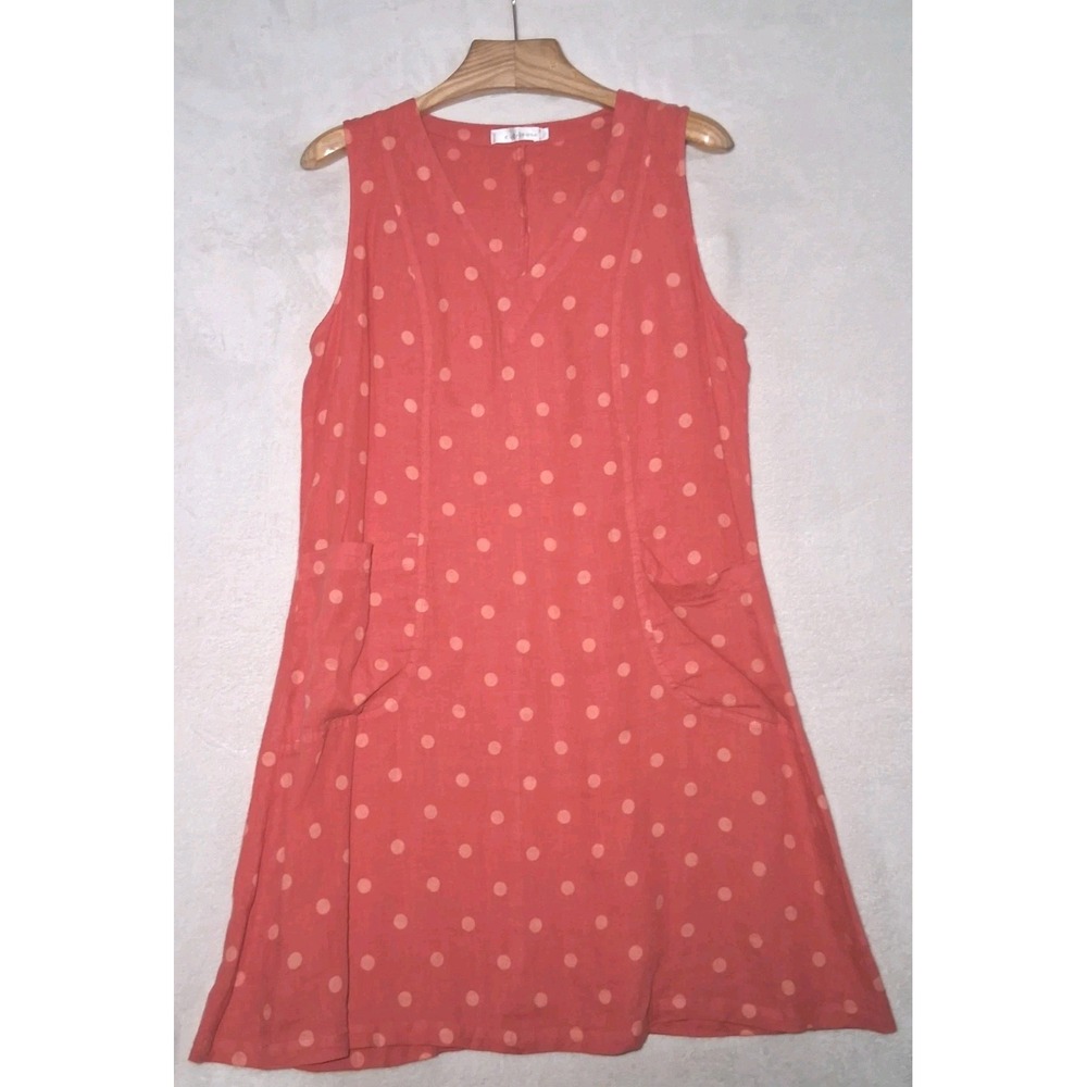 Cut Loose Womens 100% Linen Sleeveless V-Neck Midi Dress Lagenlook Polka Dot L